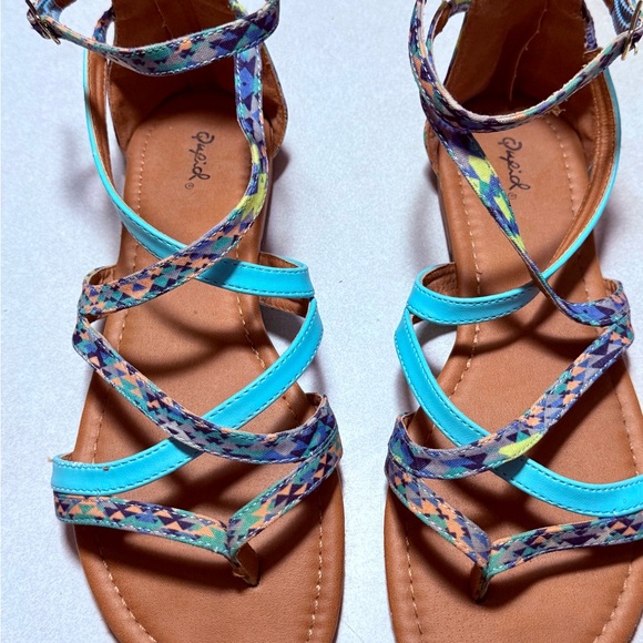 Turquoise/ Southwestern Pattern Strapping Ankle Wrap Sandals Zip Up Back - Picture 1 of 7